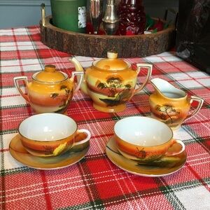 Vintage 1930’s Japan 9 piece Childrens Bone China Tea Set with Landscape Design